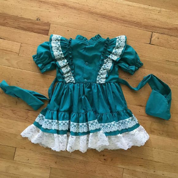 Vintage Kandy Ann Full Circle Dress 2T Teal Green White Lace Ruffle Party - Picture 2 of 7
